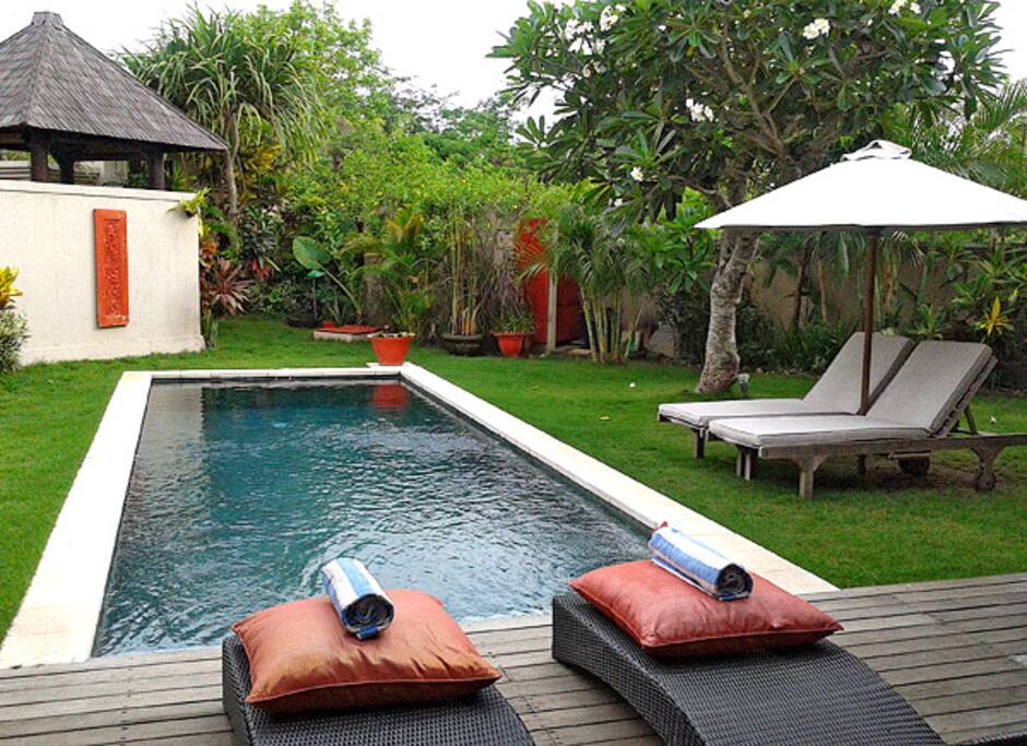 Outside view of villa, private pool and gardens