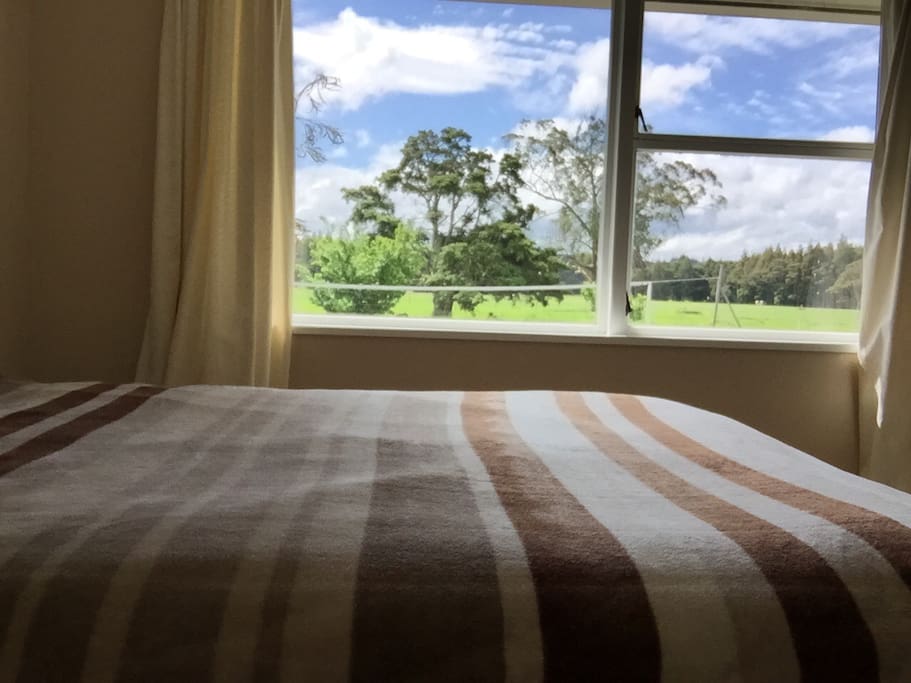 Bedroom 1 Queen bed, windows north facing overlooking volleyball court and farm.