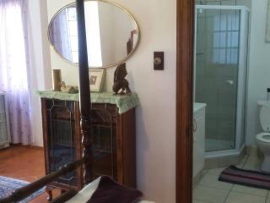 Partial view of bathroom and shower. Bath tub is on the right out of picture