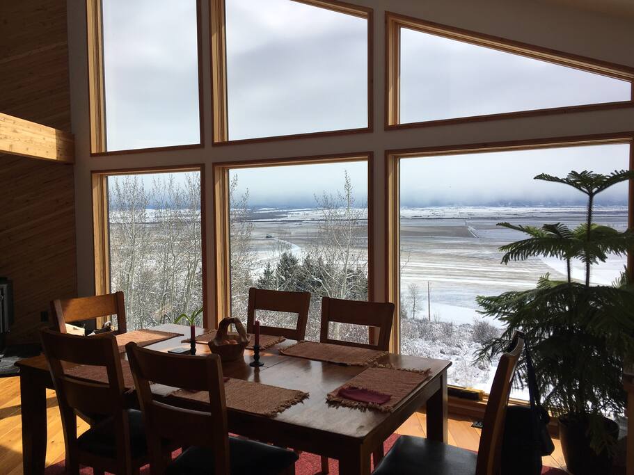 Dining room table seats 6-8 easily.