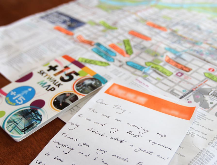 I'm known for my tour (read my reviews!). Once I show you how to use the secure elevator, we'll tour the apartment and finish off with a map of the Beltline (the heart of Calgary) where I'll point out local deals and attractions. Let me know if you're looking for something specific!