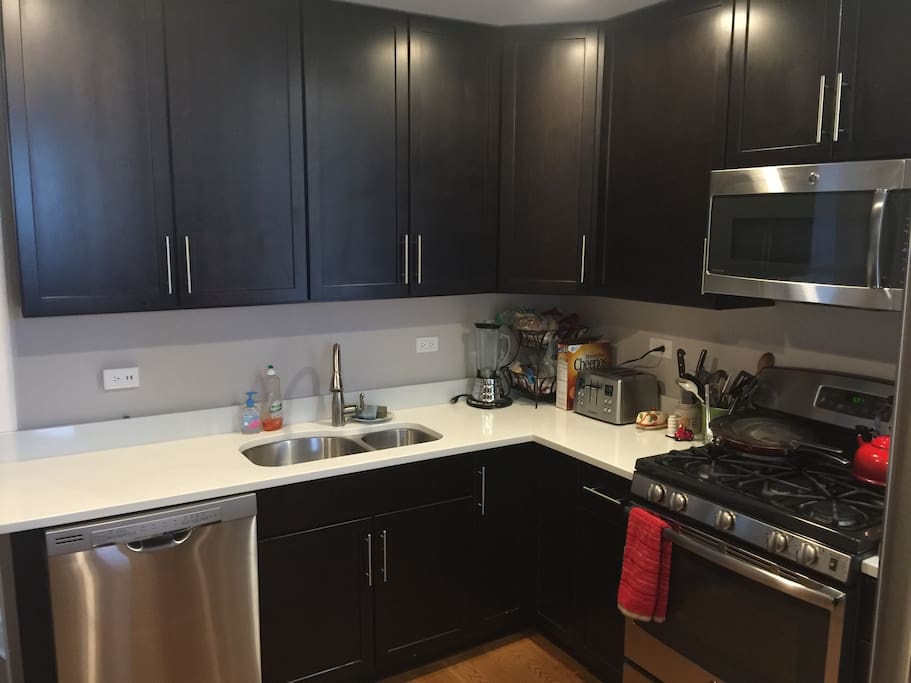 Kitchen sink and stove.