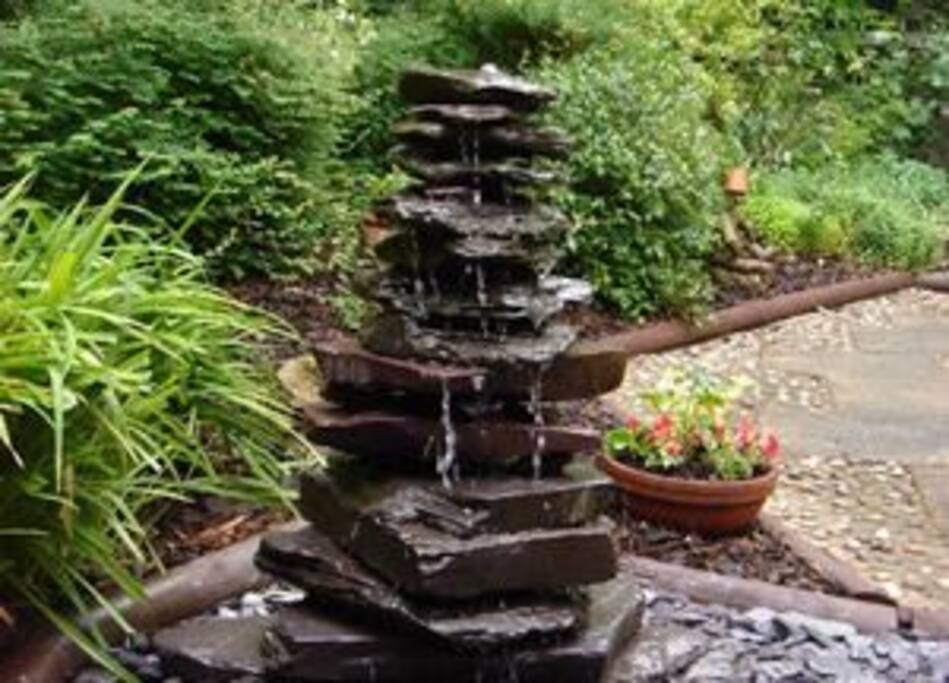 The water fountain out the kitchen window