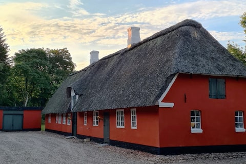 Idyllic thatched cottage surrounded by forest and open meadows