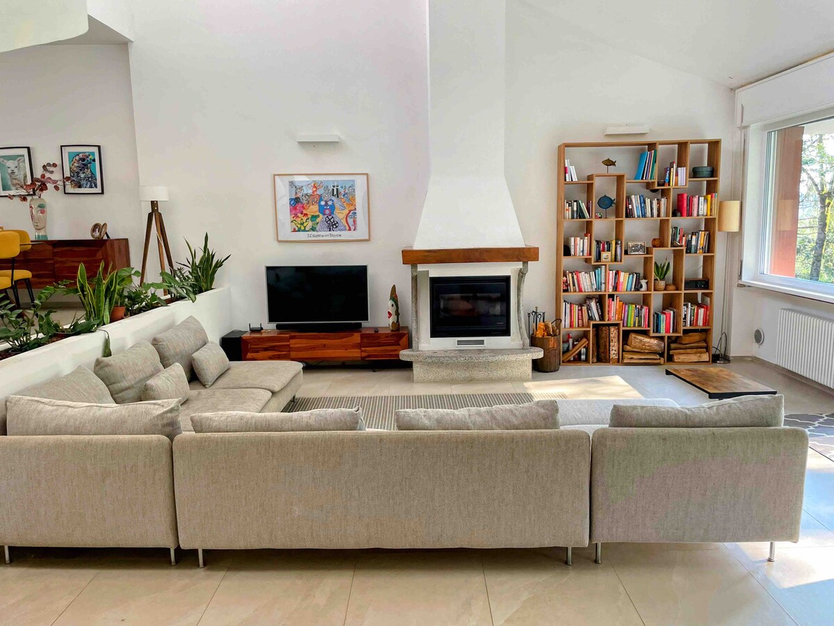 A spacious living room features a large L-shaped sofa positioned around a sleek fireplace. A flat-screen TV is placed on a wooden console, while a bookshelf filled with books adds character to the space. Natural light filters in through large windows, enhancing the inviting ambiance.