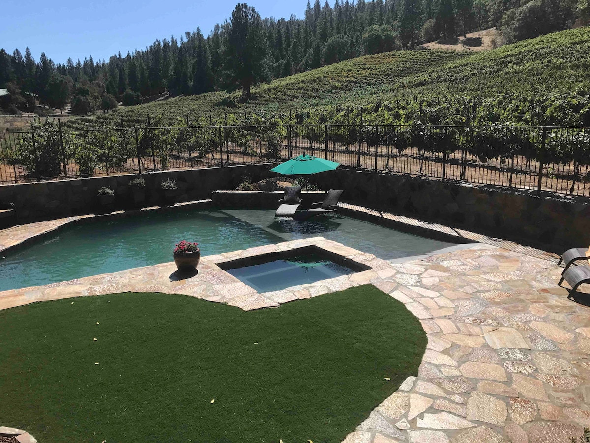 A secluded pool area is surrounded by natural stone, featuring a spa and lounge chairs beneath a green umbrella. Lush vineyards extend into the distance, bordered by tall trees under a clear blue sky, creating a serene atmosphere.
