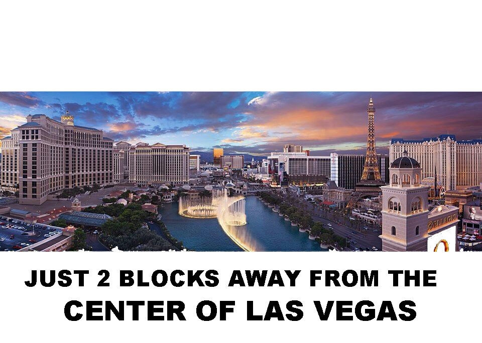 A panoramic view of the Las Vegas Strip is captured at dusk. The Eiffel Tower replica and the Bellagio fountains are prominently featured, with the skyline showcasing a mix of illuminated hotels and buildings. The scene is enriched by a colorful sunset, casting a warm glow over the city.