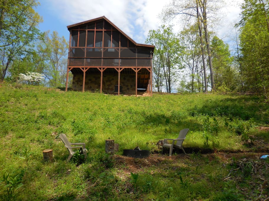 Cabin from the Yard with Fire Pit