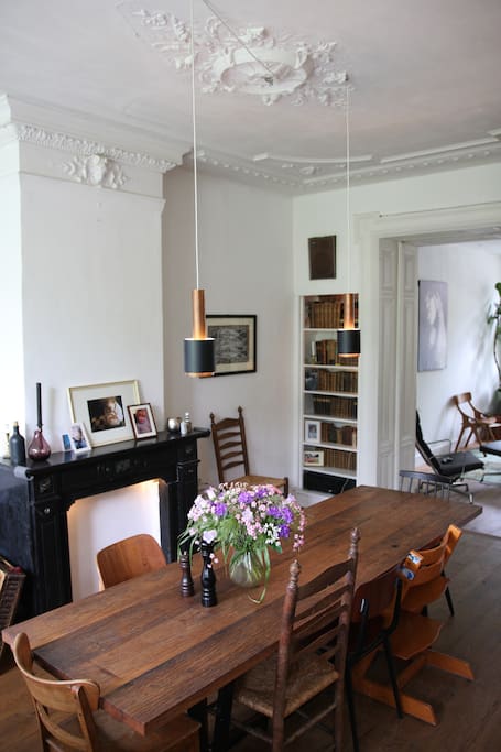 Large dinning table that can seat 10 people comfortably.