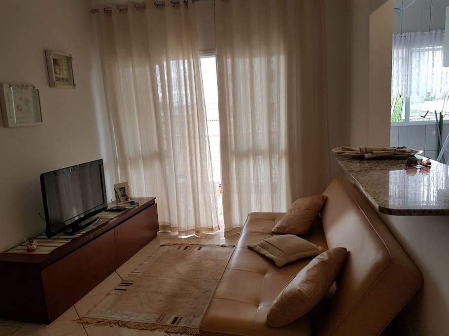 Sala de estar com sofá cama para dois adultos.