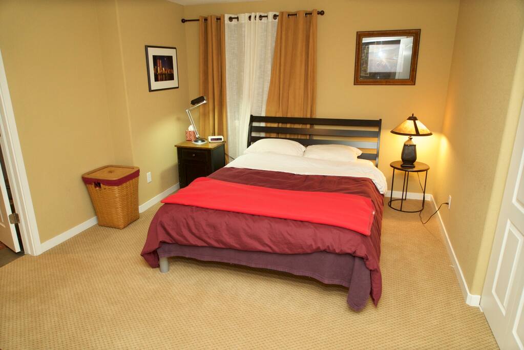 Tempurpedic Queen in basement bedroom, high ceilings