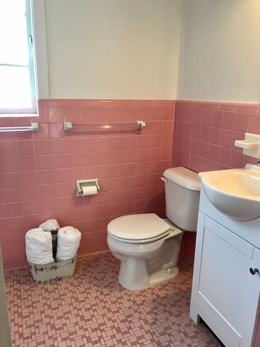 Each room has a private bathroom. All of our baths have been updated with new,modern fixtures, and we were luckily able to save a lot of the original tile. There's nothing like the cool, colorful, vintage tile of the 1950's!