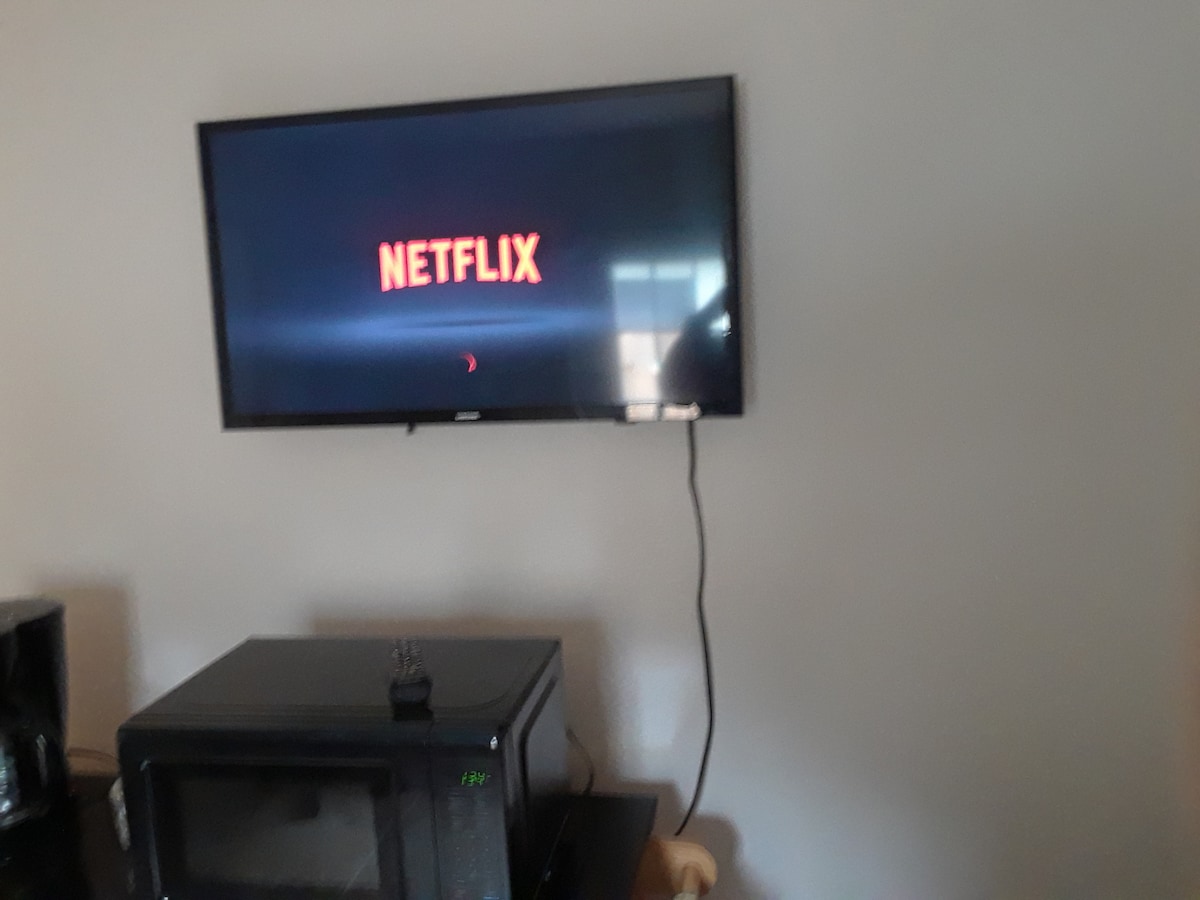 A flat-screen television displays the Netflix logo. Below the TV, a microwave is positioned on a dark surface. The wall behind features a muted color, contributing to a simple and functional entertainment area.