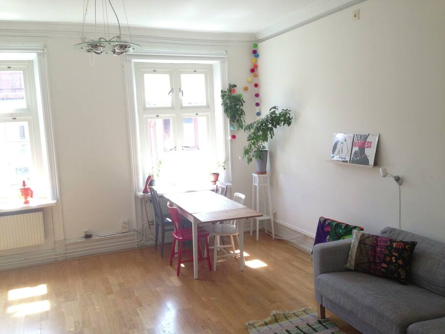 The beautiful livingroom with light all day long. (Curtains for those who wish to sleep long)