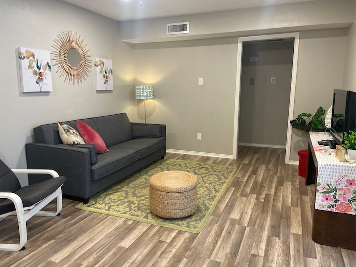 Sala de estar orientada al sur con tres fuentes de iluminación y un sofá cama. 