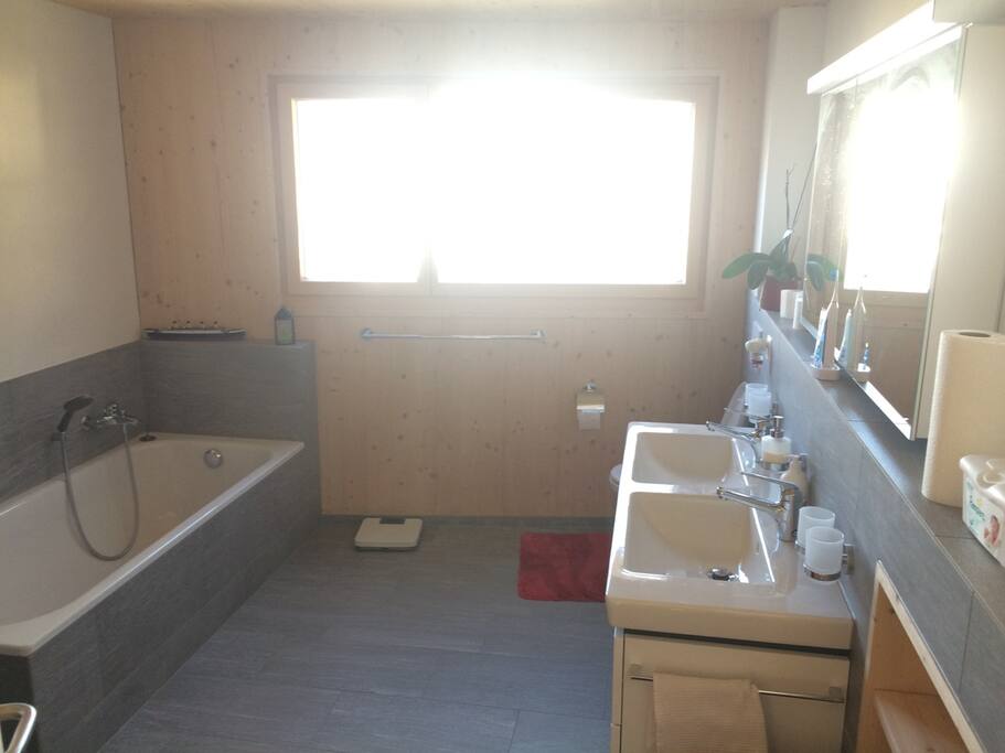 Badezimmer mit grosser Dusche, Badewanne, Doppellavabo und WC