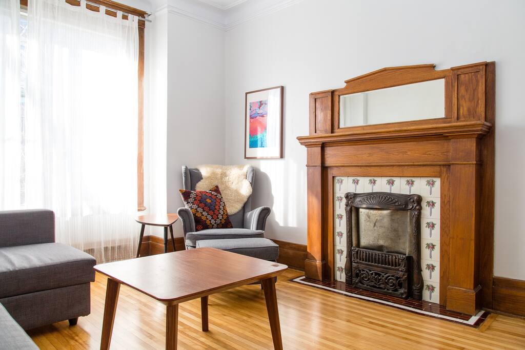 Fireplace in living room.