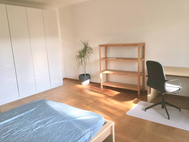 Großes Zimmer umgeben von Bäumen und Wiese.