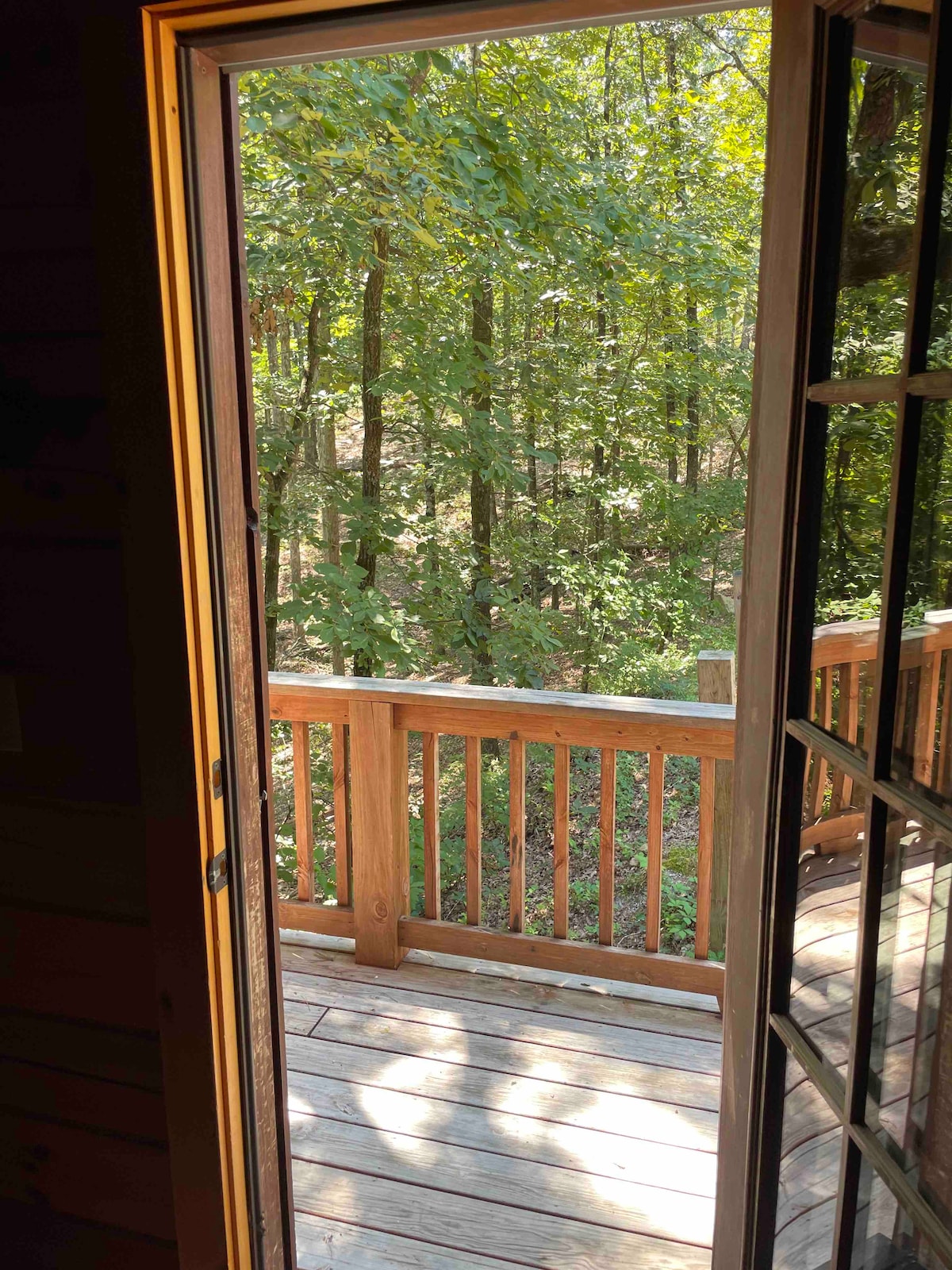 A large door opens to a wooden deck surrounded by lush green trees. Soft sunlight filters through the foliage, casting gentle shadows on the deck's flooring. The inviting outdoor space offers a glimpse of the tranquil woodland setting.