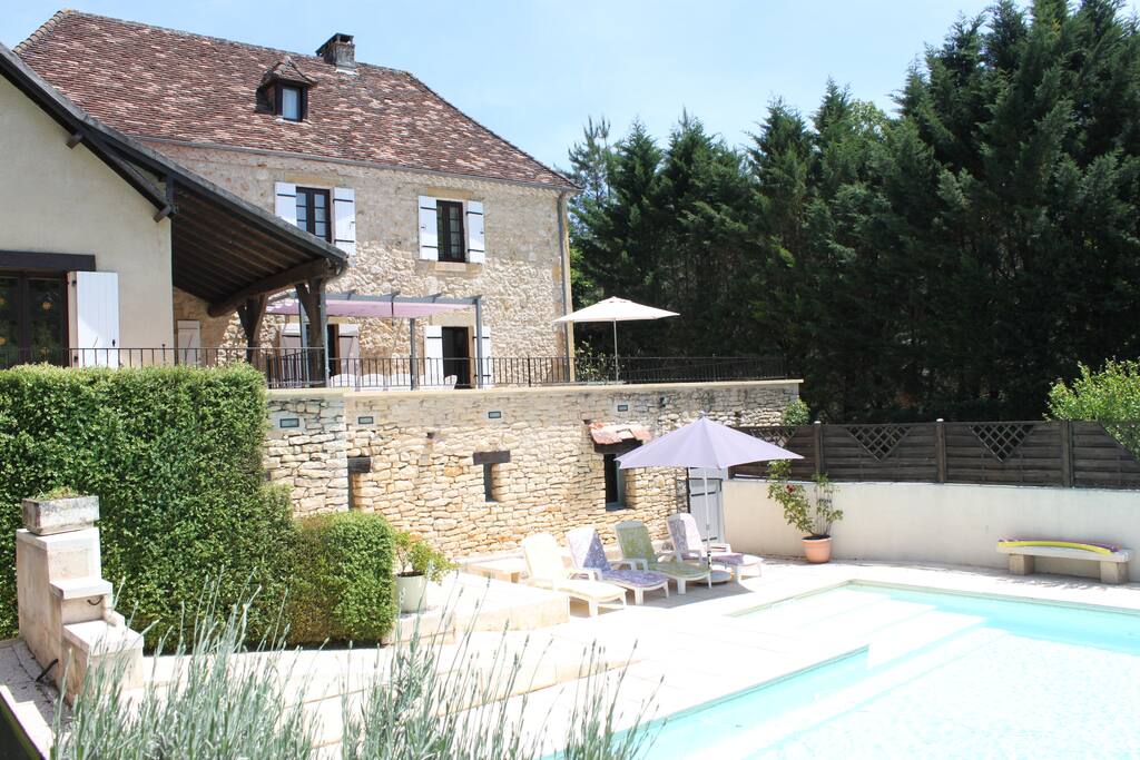 Private, fenced (self-closing, lockable gate) 10x8m pool in a secluded south-facing garden, includes sun loungers with cushions. A BBQ and dining furniture for 12 is provided on the large terrace overlooking the pool.