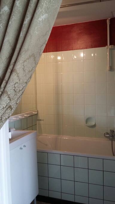 Badkamer met bad douche toilet en lavabo