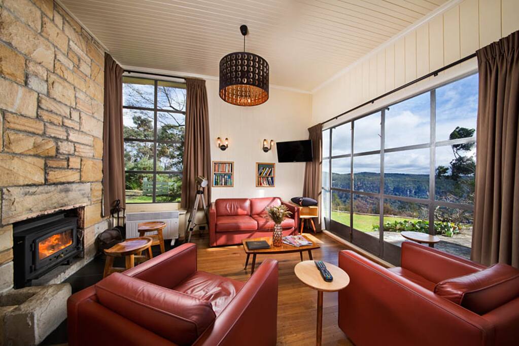 Cosy lounge area with wood fire