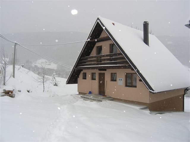 A two-story house is presented, framed by a snowy landscape. The sloped roof is highlighted by the soft accumulation of snow. The entrance is accessible via a stone pathway, gently covered in snow, while the surrounding trees are blanketed in white.