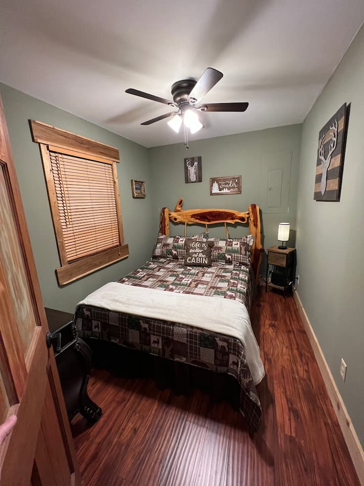 Extra bedroom, downstairs. There is a flat screen TV with ROKU, not pictures.  The bed is queen sized. 