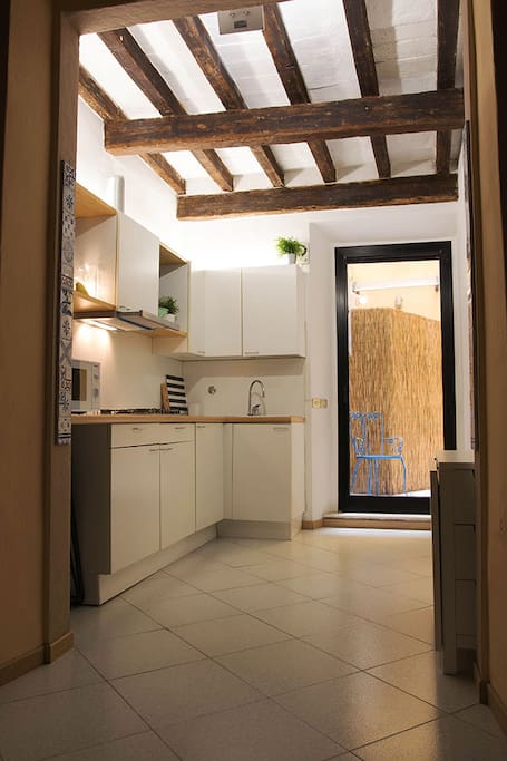 The kitchen and the window door on the courtyard
