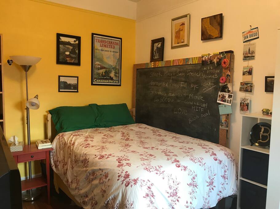 Yellow walls and a chalkboard for your vacation plans!