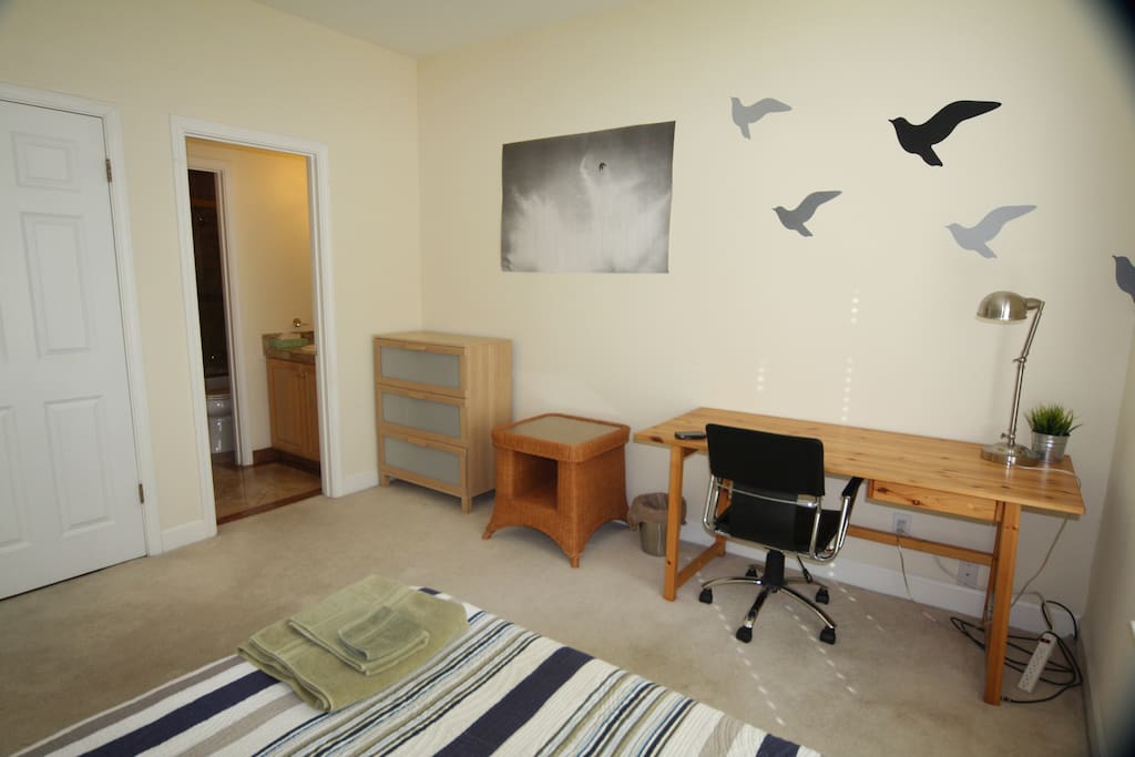 Room is large enough for big desk and another twin bed, in case you need one. Entrance to own private bath inside your room.