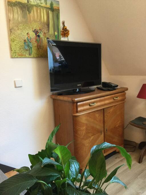 Gegenüber von Esstisch steht der Fernseher
