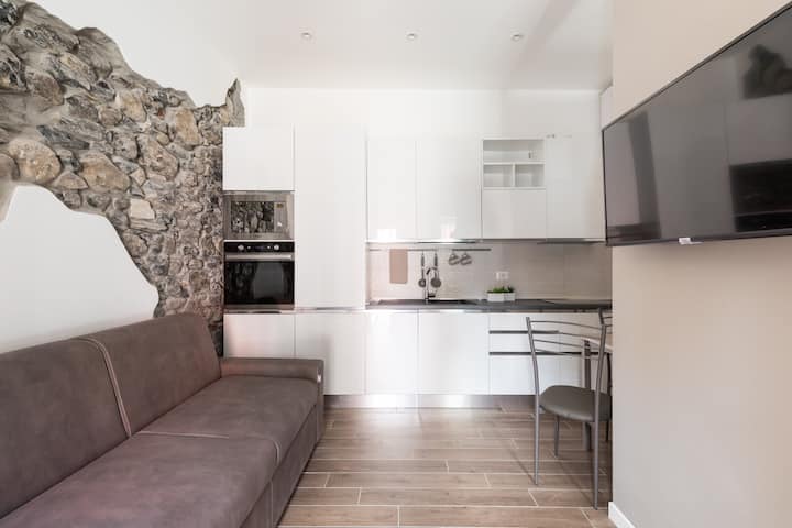 გასაშლელი დივანი, მისაღები ოთახი და სამზარეულო