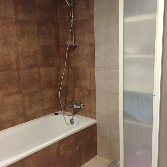 Large bathroom with both shower and bath