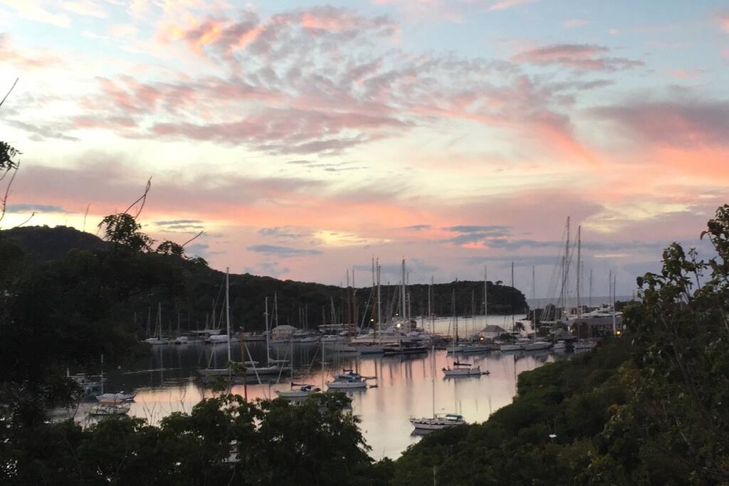 sunrise over harbour from deck