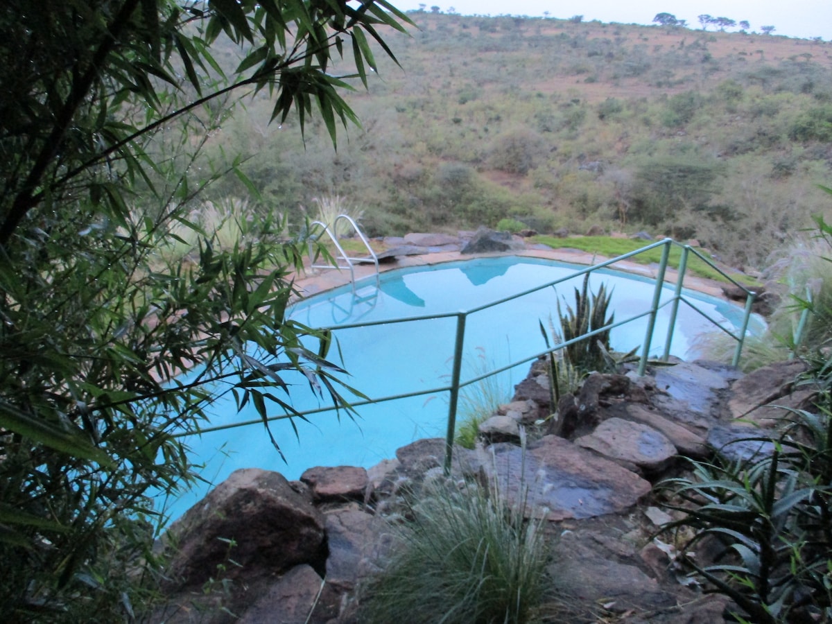 A serene swimming pool is framed by natural stone and greenery, set against a gently sloping landscape. The water reflects the surrounding vegetation, while a railing surrounds part of the pool area. The view extends across the peaceful, undulating terrain.