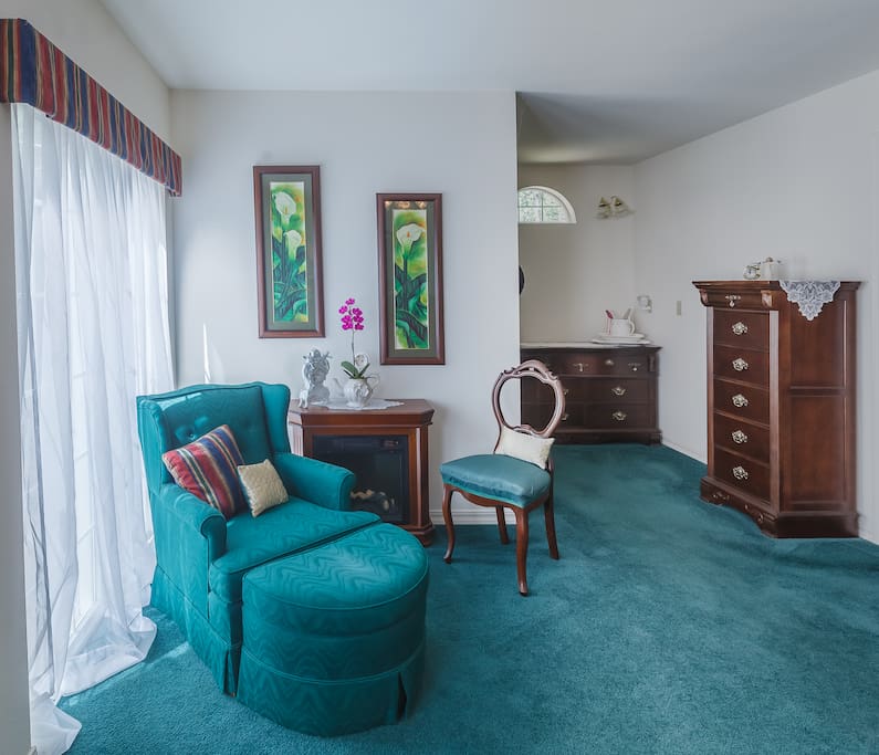 plenty of storage space with walk in closet. Electric fireplace for a romantic atmosphere.