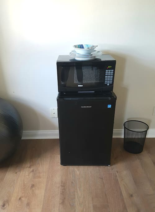 Microwave, dishes, fridge
