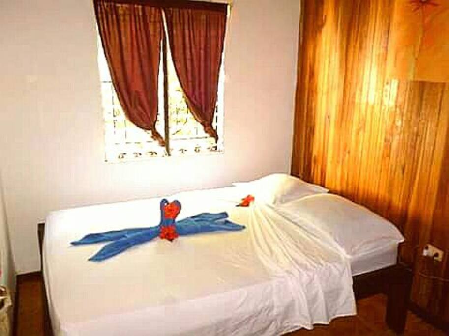 Queen Size Bedroom up for one or two guests, Fan, Towels, closet and bedside table with lamp