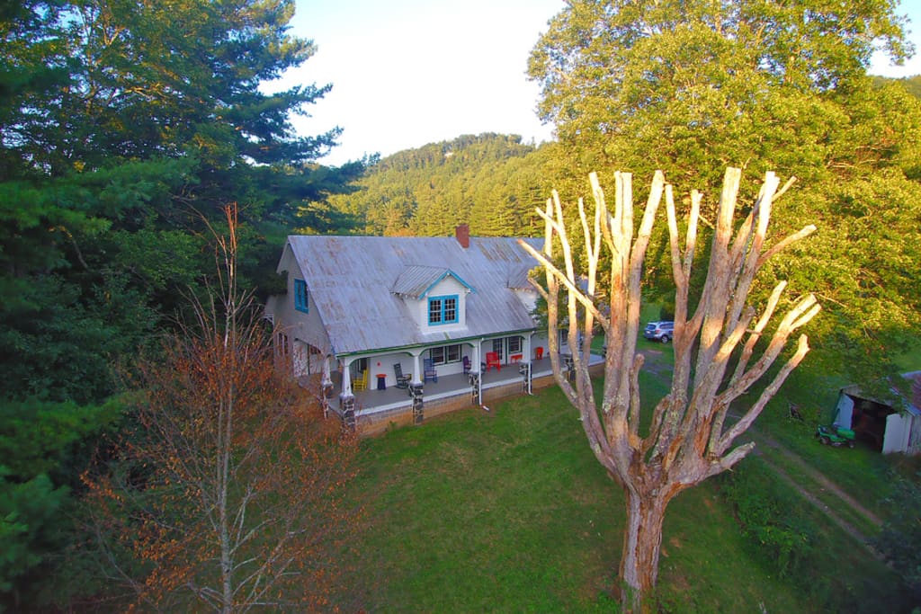 A view of the porch and front yard from above