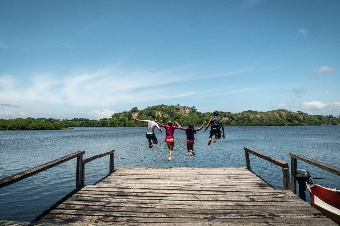 A wooden dock extends over calm waters, with four individuals captured mid-jump into the lake. The backdrop features lush greenery and a distant hill under a clear blue sky, suggesting a serene and adventurous environment.