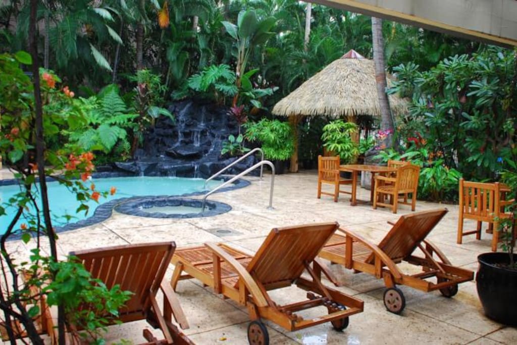 The salt water pool is fed by a waterfall.