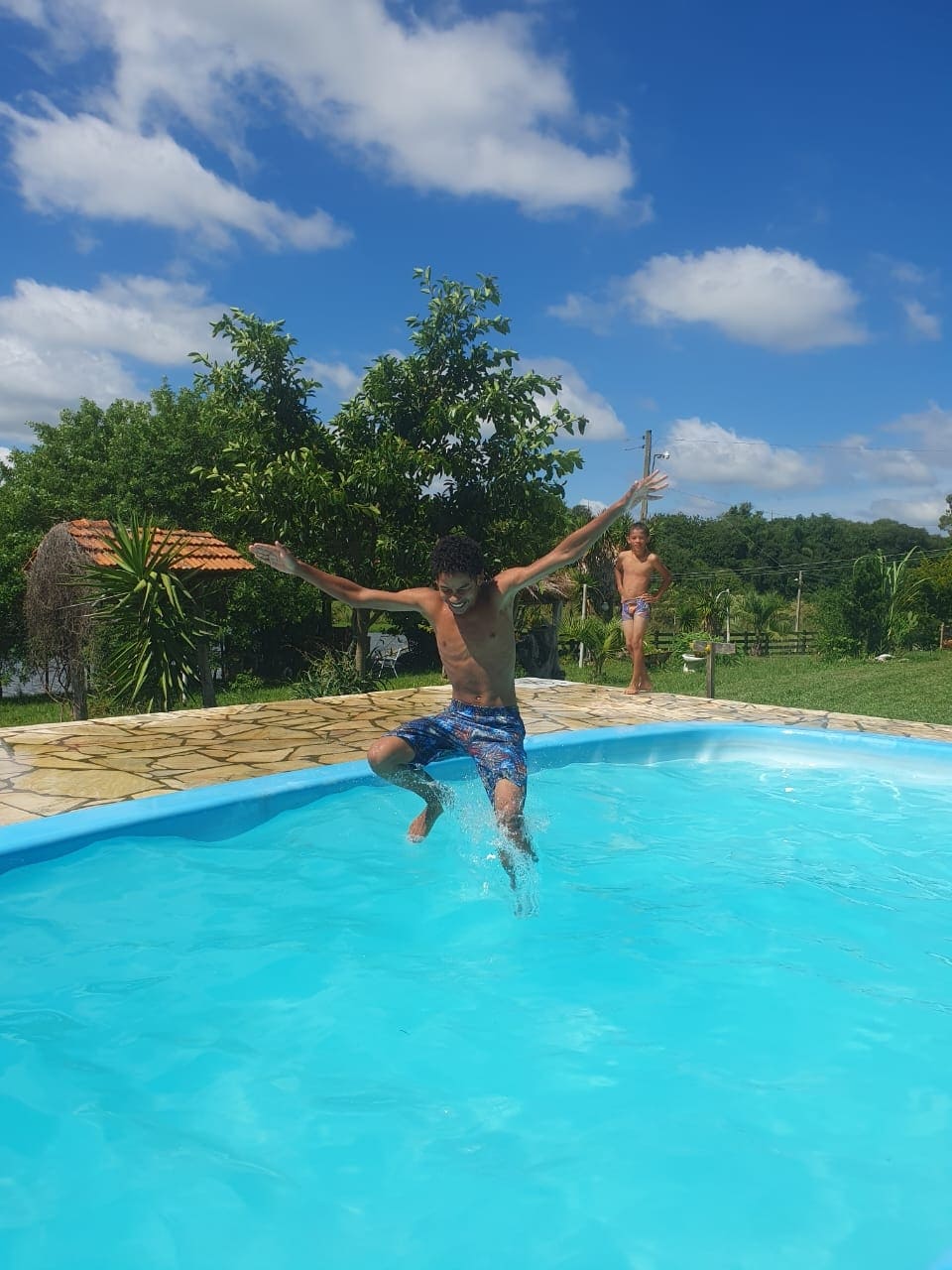 A clear blue swimming pool is depicted with a child jumping into the water. Lush greenery surrounds the pool area, with distant trees and a blue sky adorned with fluffy clouds. The image conveys a sense of fun in a natural, outdoor setting.