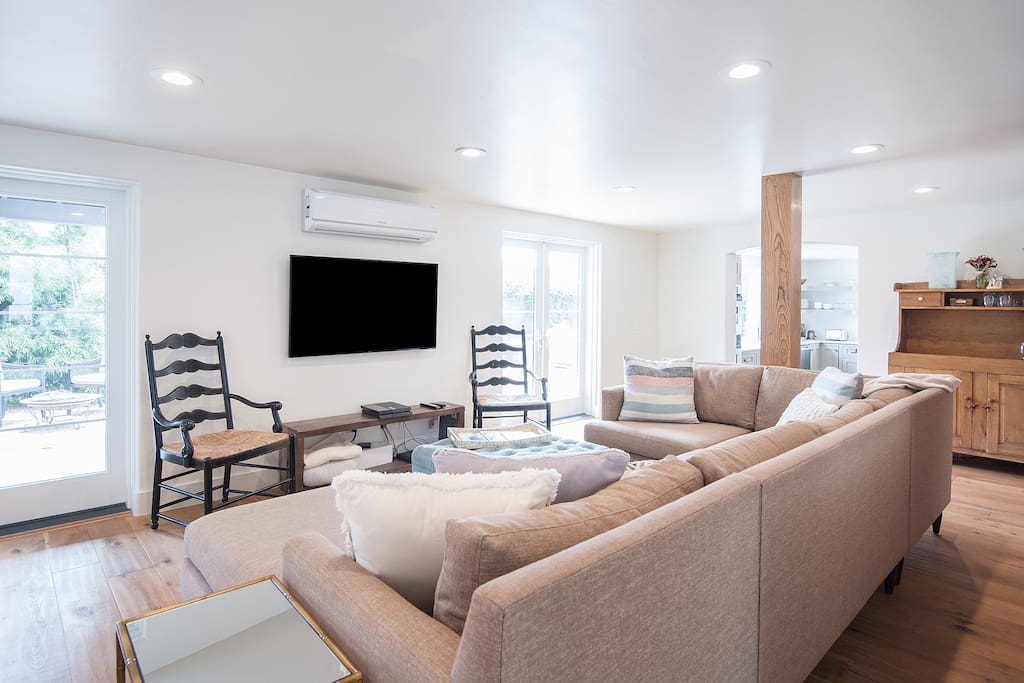 Living room open to the side yard.