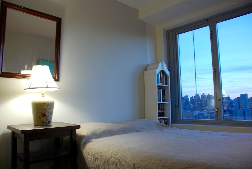 Your beautiful new room! Looking over Central Park from your full size bed through a wall of windows.