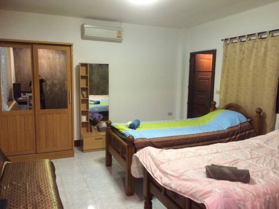 Split super queen comfort beddings for 3 single persons.
