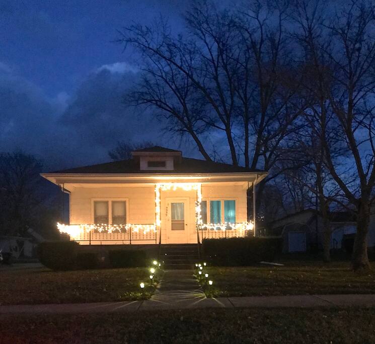 The house at sunset with xmas lights