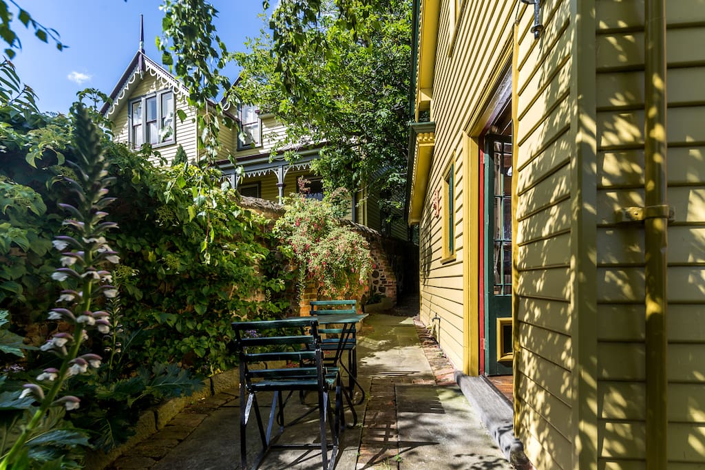 Private back patio with seating