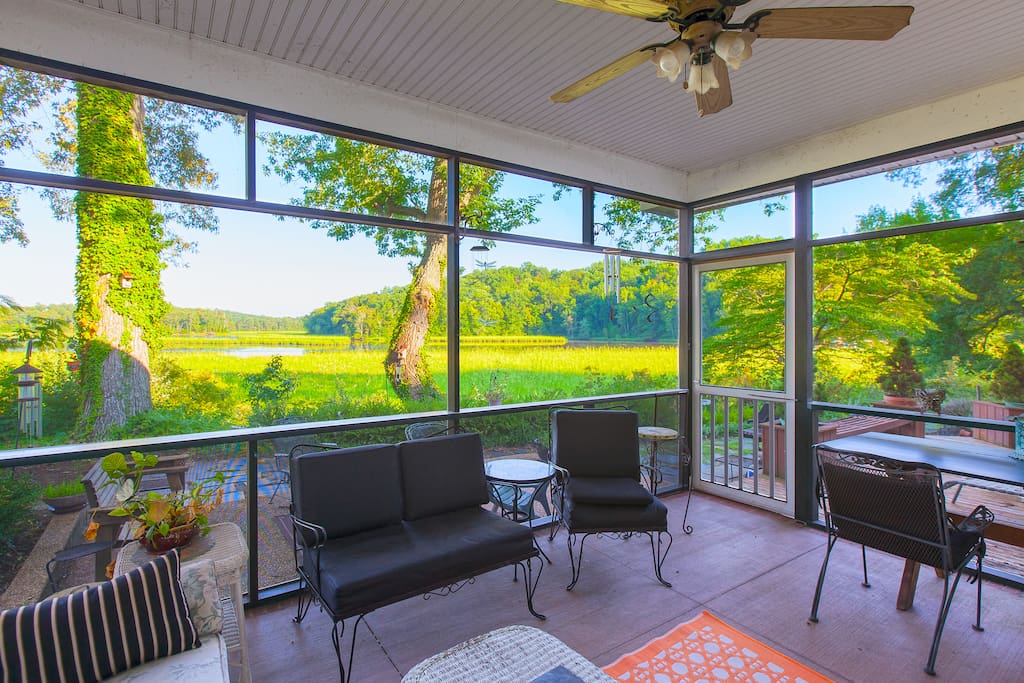 Porch overlooking Piscataway Creek is perfect for reading, dining, and relaxation.
