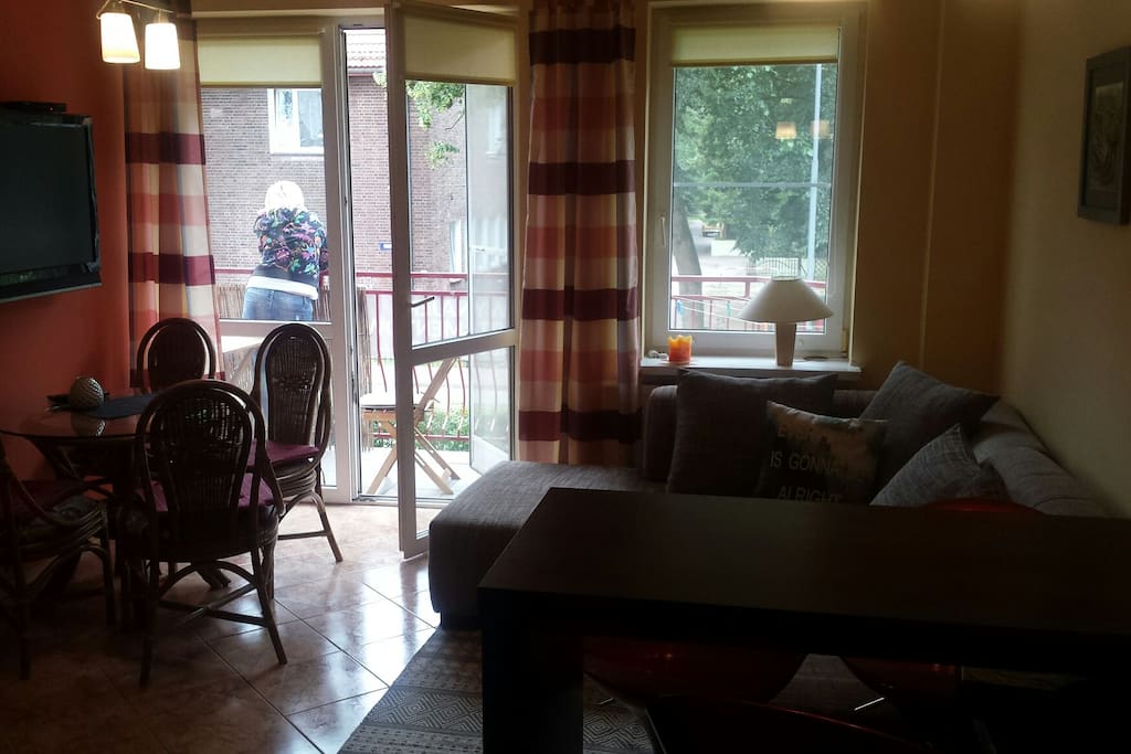 Salon z aneksem kuchennym tarasem.Zestaw wypoczynkowy narożnikowy. Blat kuchenny z wysokimi krzesłami. Stół i krzesła ratanowe. Balkon z leżakami i stolikiem 2 krzesła. Sprzęt DVD /filmy/Koncerty/TV .Duże przestrzenne okna wyjście na balkon z widokiem na park.